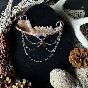 Tiered Electroplated Opossom Jaw with Teeth, Antiqued Copper with Chain Necklace